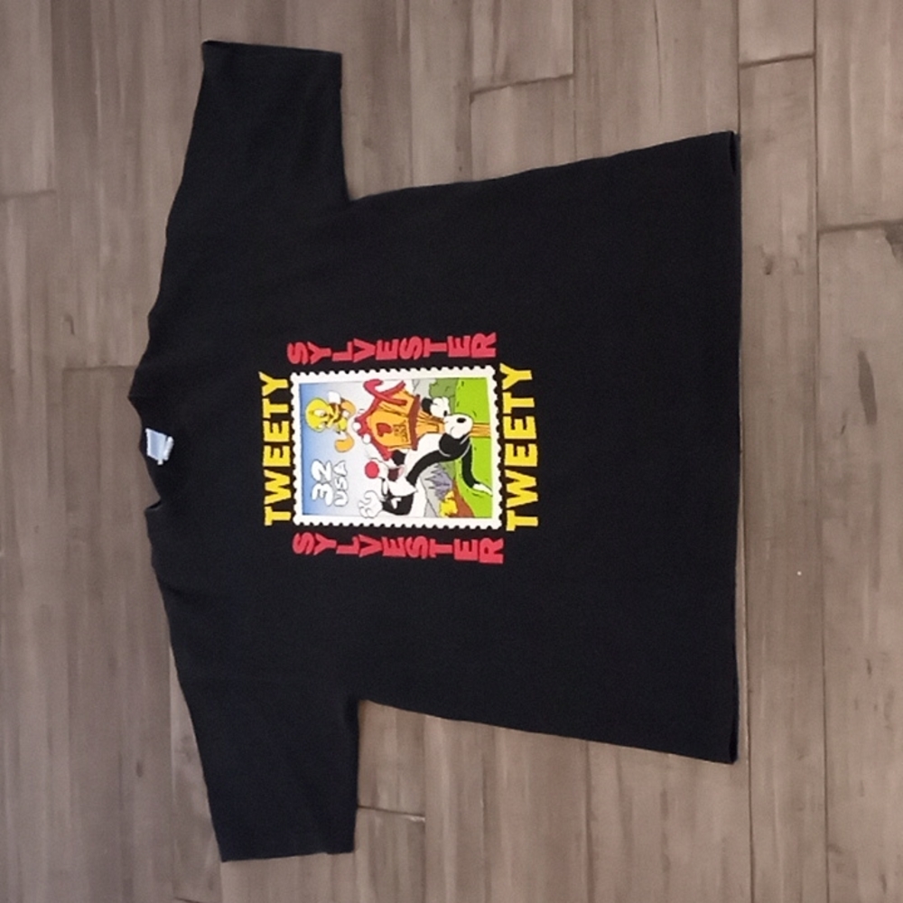 Vtg 90s Looney Tunes Tweety Sylvester Stamp T Shirt Black Cotton USA XL‎